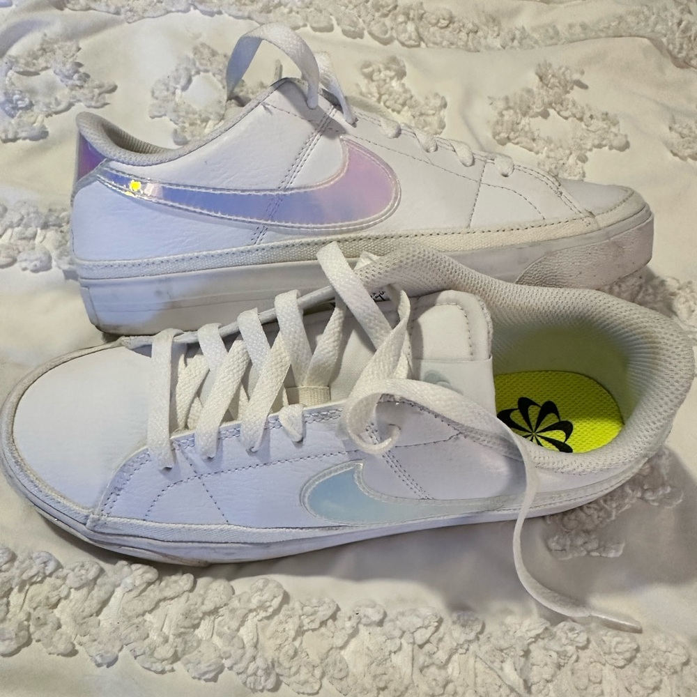 Nike White Sneakers with Iridescent Swoosh